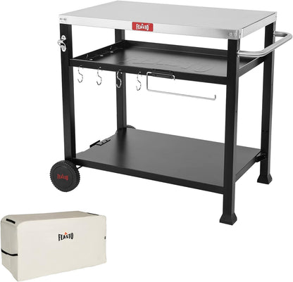 Feasto 3-Shelf Pizza Oven Table 33.5" x 21.7" Stainless Top, Rolling Outdoor Grill Cart with Waterproof Cover for Pizza Ovens & Griddles, Heavy-Duty BBQ Prep Station for Patio & Deck, Black