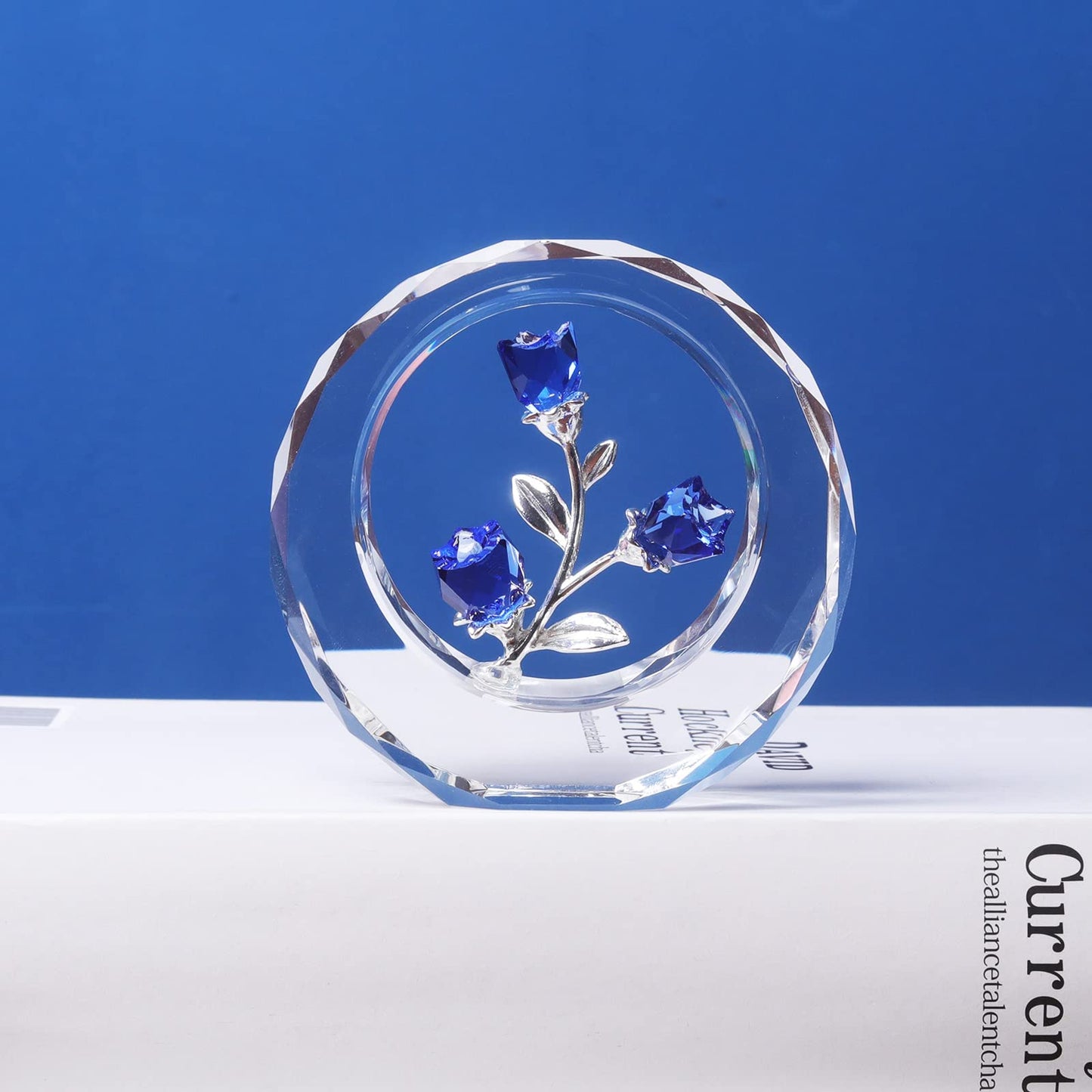 LONGWIN Crystal Tulips Flower Figurines with a Outer Circular Ring, Glass Spring Bouquet Collectible Figurines Home Decor Cobalt Blue