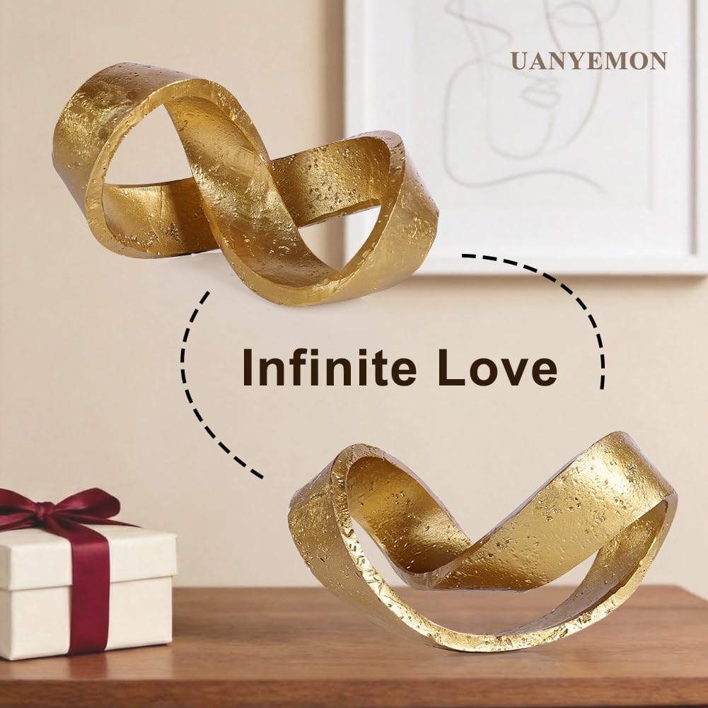 Modern Infinity Knot Sculpture - Gold Knot Home Decor, Multi-Angle Statue for Shelves, Coffee Table, Bookshelf, Living Room, Office, Resin Geometric Decorative Accent, Abstract Art Knick Knacks Gifts