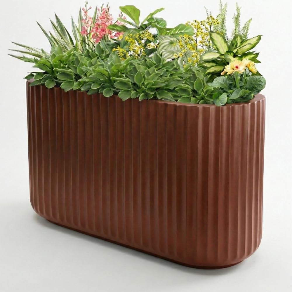 Wil & Vic 89s 15" H x 24" L Sirius Fiberglass Planter, Round Indoor and Outdoor Plant Pot with Drainage Hole, Lightweight, Durable Minimalist Home, Included 2 Extra Coco Mats, Rust