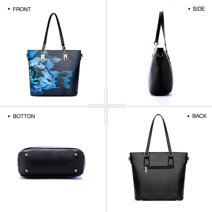 2E-youth Women's Set Tote Handbag Satchel Shoulder Bag Purse, 1d-Black&Blue, L