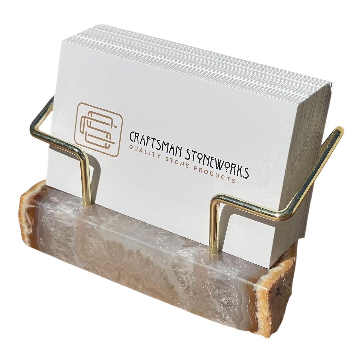 Craftsman Stoneworks Dyed Agate Business Card Holder Desktop Display Stand with Metal Wire Holder for Office Professionals - Holds up to 70 Cards (Natural, Medium)