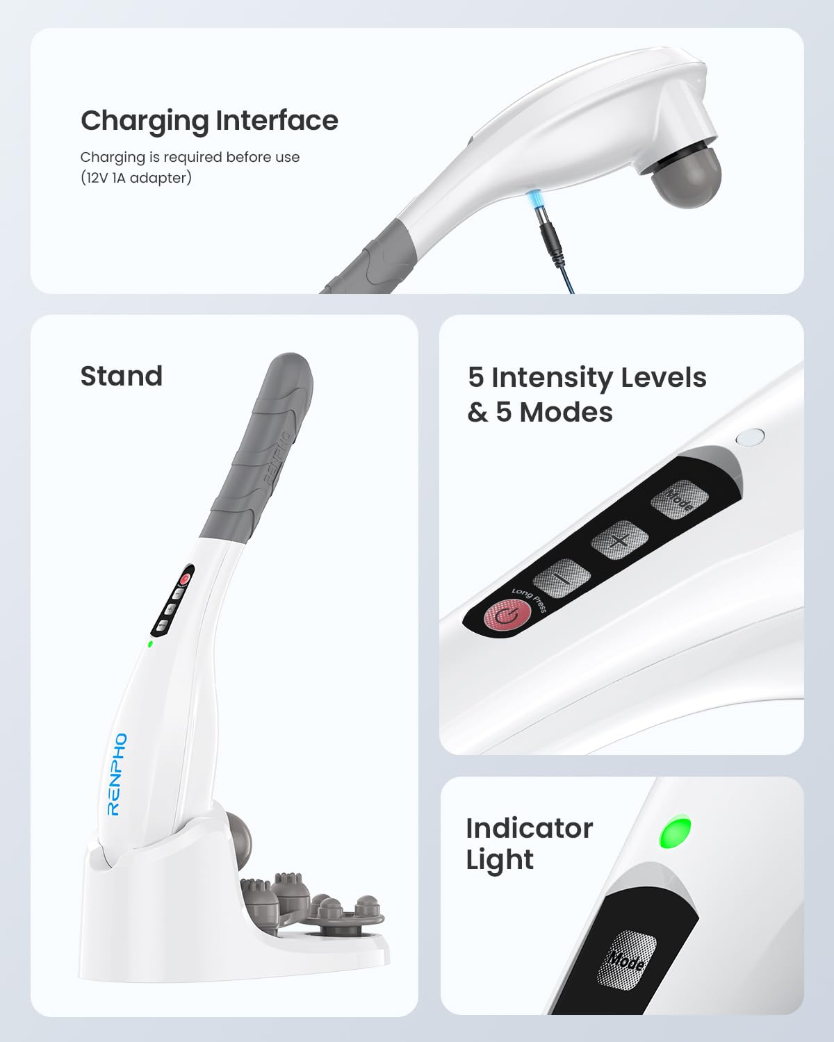 RENPHO Rechargeable Handheld Back Massager, Cordless Electric Neck Massage Tool for Shoulder, Foot, Leg, Calf, Gifts for Women and Men
