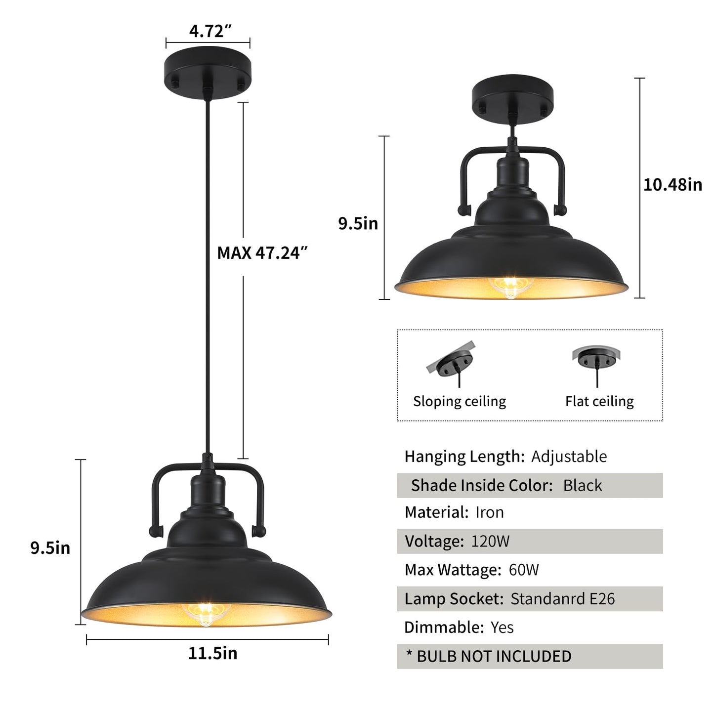 SESIMENT Black and Gold Pendant Light 12.5 inches 3 Packs, Farmhouse Pendant Light, Island Pendant Lights, Kitchen Island Pendant Lights, Pendant Lights Kitchen Island for Bedroom, Kitchen, Island