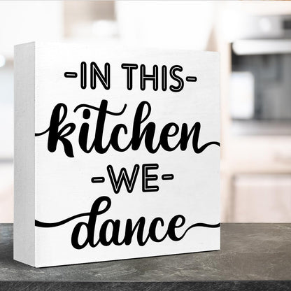 LVQHI Joyful Wooden Block Sign With "In This Kitchen We Dance" Quote, Whimsical Kitchen Dance Sign, Home Dance Decor For Party Kitchen, Music Lover's Kitchen Decor 5"L x 5"W x 1.2"H V612
