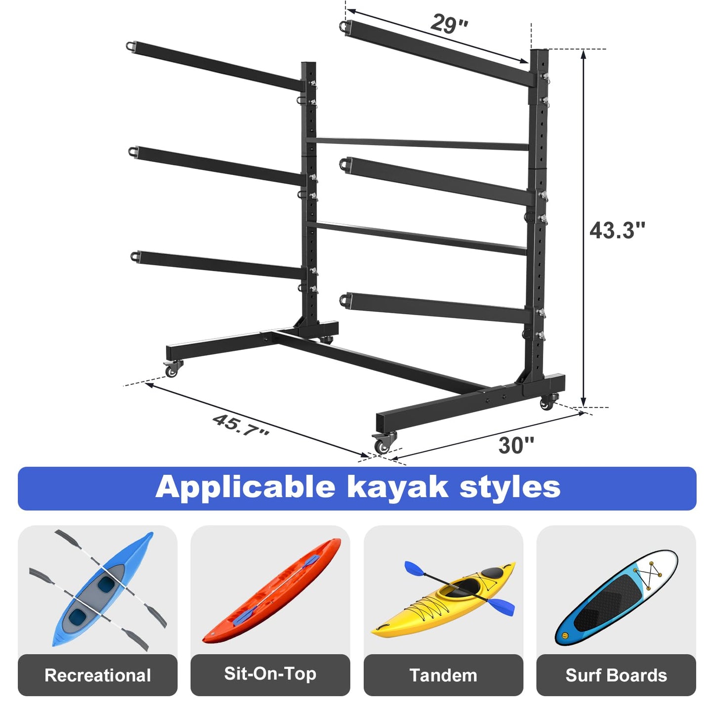 Baotree Heavy Duty Freestanding Kayak Storage Rack, Adjustable Metal Stand for 3 Kayaks, Canoes, SUPs, Paddleboards & Surfboards with Lockable Wheels, Indoor & Outdoor Use