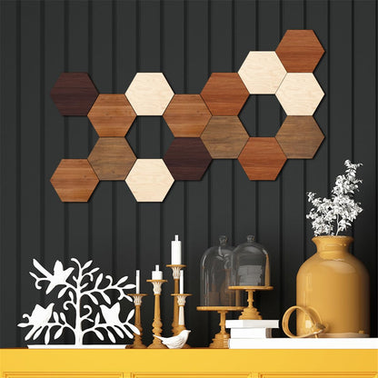 Wooden Multi Color Wall Art Decals, 15 PCS 3D Hexagon Wall Tiles for Office, Living Room, Bedroom, Home