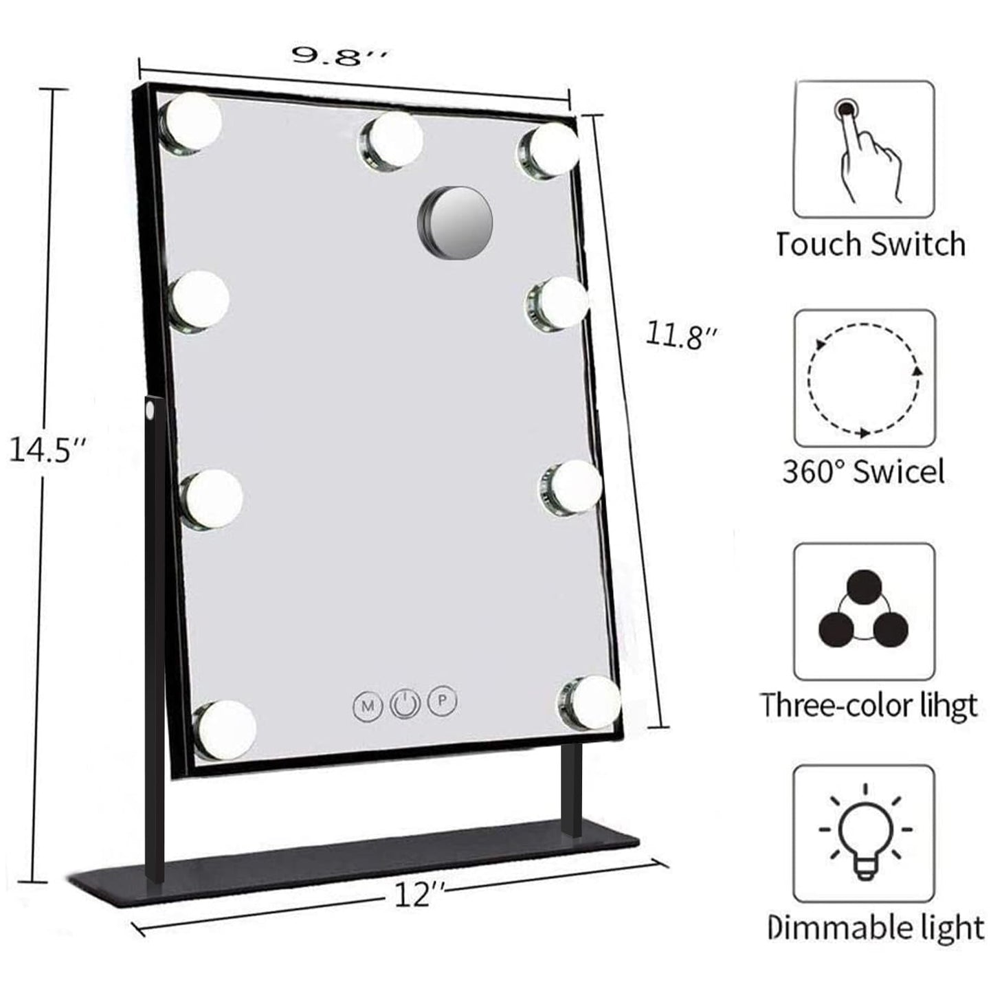 Hansong Vanity Mirror with Lights Lighted Makeup Mirror with 9 LED Bulbs Plug in Light Up Makeup Mirror with Lights 360 Rotation with 10x Magnifying Mirror Tabletop