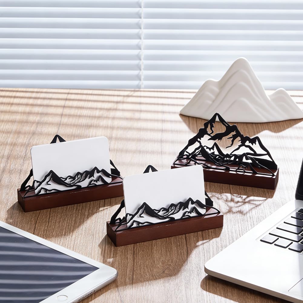 UNICRAFTALE 3Set Mountain Business Cards Holder Black Desktop Card Display Stand Holders Iron with Pine Wood Cards Stands 3x12.3x7.6cm Professional Card Organizer for Office Home
