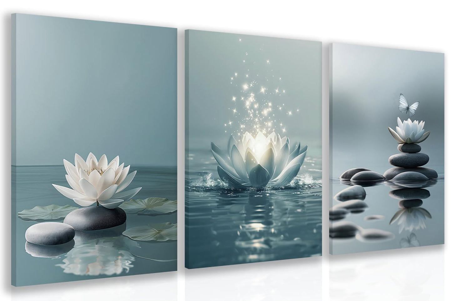 GELDSTEI Calm Zen Botanical Canvas Wall Art, White Lotus Blooming on Stones in Water Aesthetic Pictures, Yoga Spa Meditation Room Decor, Modern Spiritual Poster Prints for Zen Office Framed Set of 3, Each 12x16 Inch