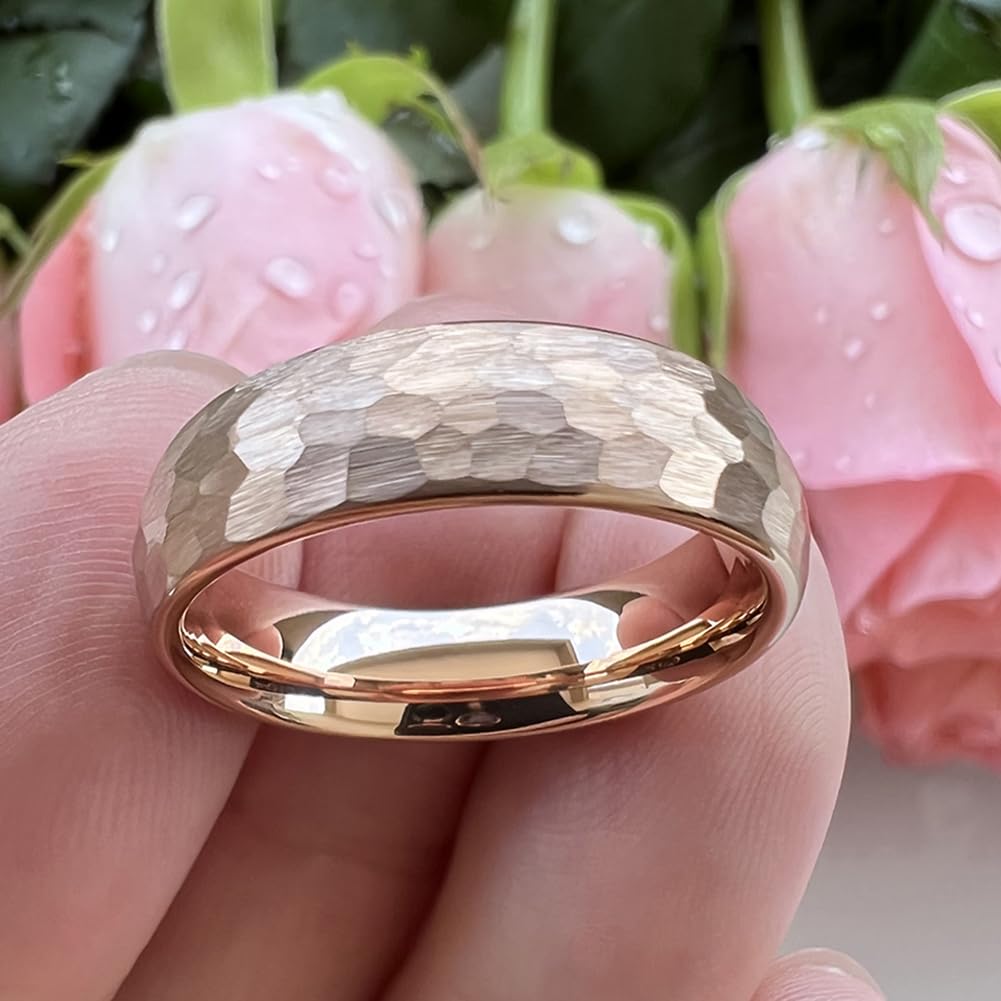 TUTISS 6mm Rose Gold Hammered Tungsten Rings for Men Women Engagement Wedding Bands Domed I Love You Engraved Comfort Fit Size 5