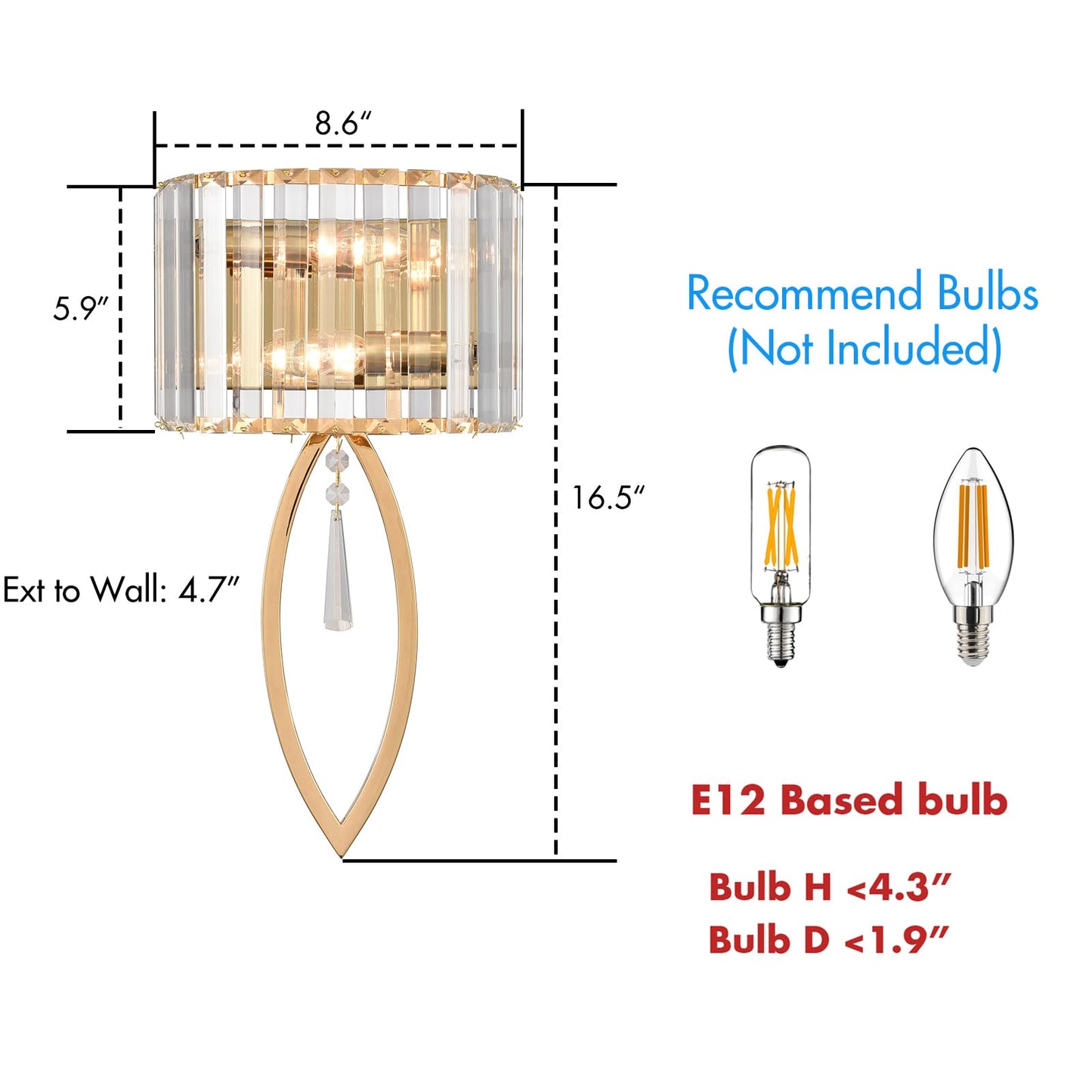 CLAXY Mid Century Wall Sconces, 2-Light Elegant Crystal Gold Wall Light for Bathroom Bedroom Hallway