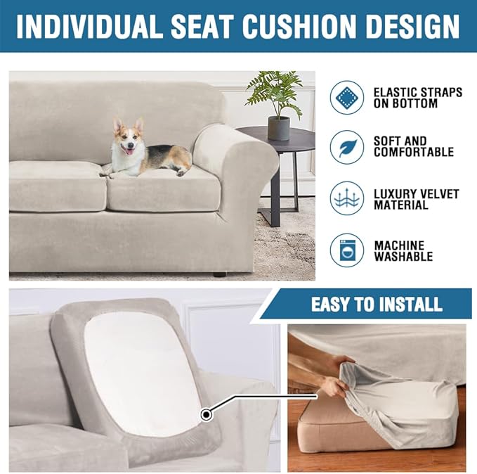 H.VERSAILTEX Modern Velvet Plush 4 Piece High Stretch Sofa Slipcover Furniture