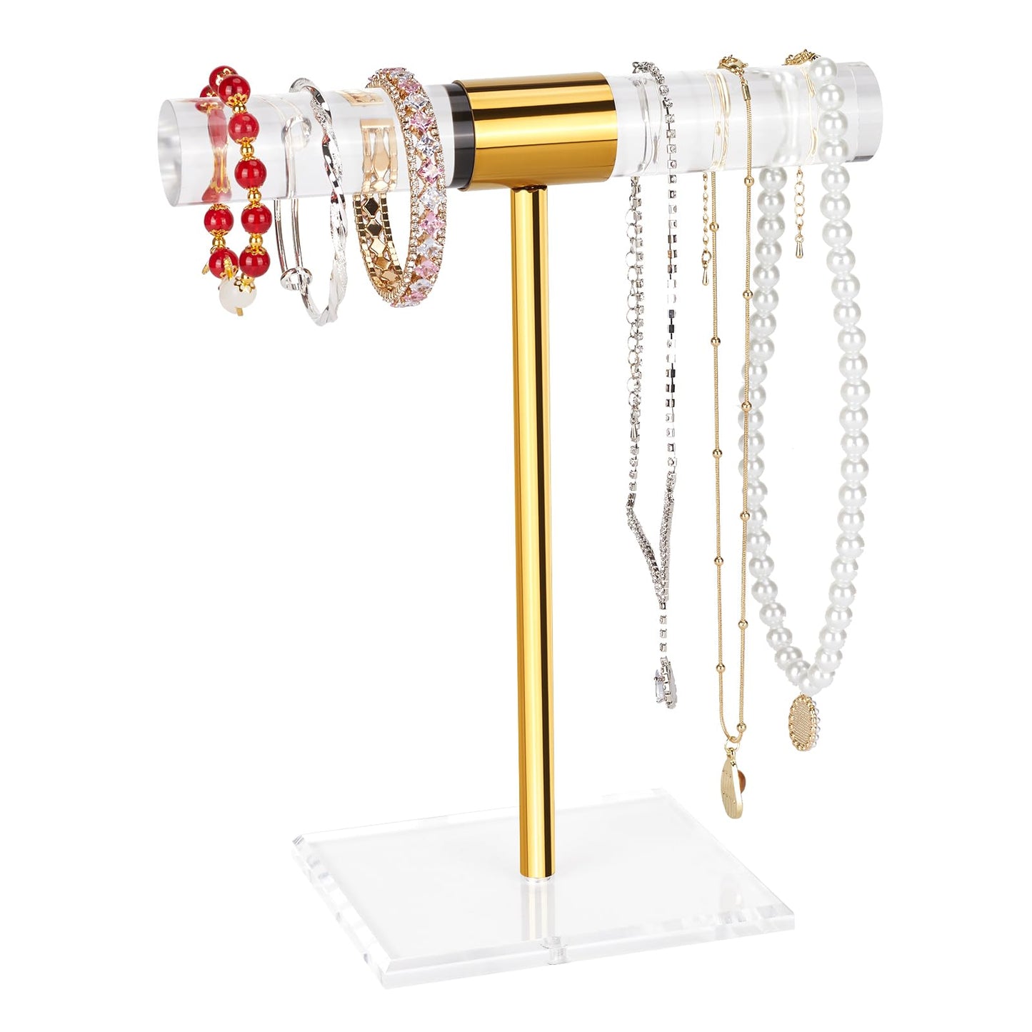 Jolboldy Necklace Holder Bracelet Holder, Gold Acrylic Jewelry Display Stand Crystal T Bar Jewelry Organizer Gift for Women(1-Tier 1pc)