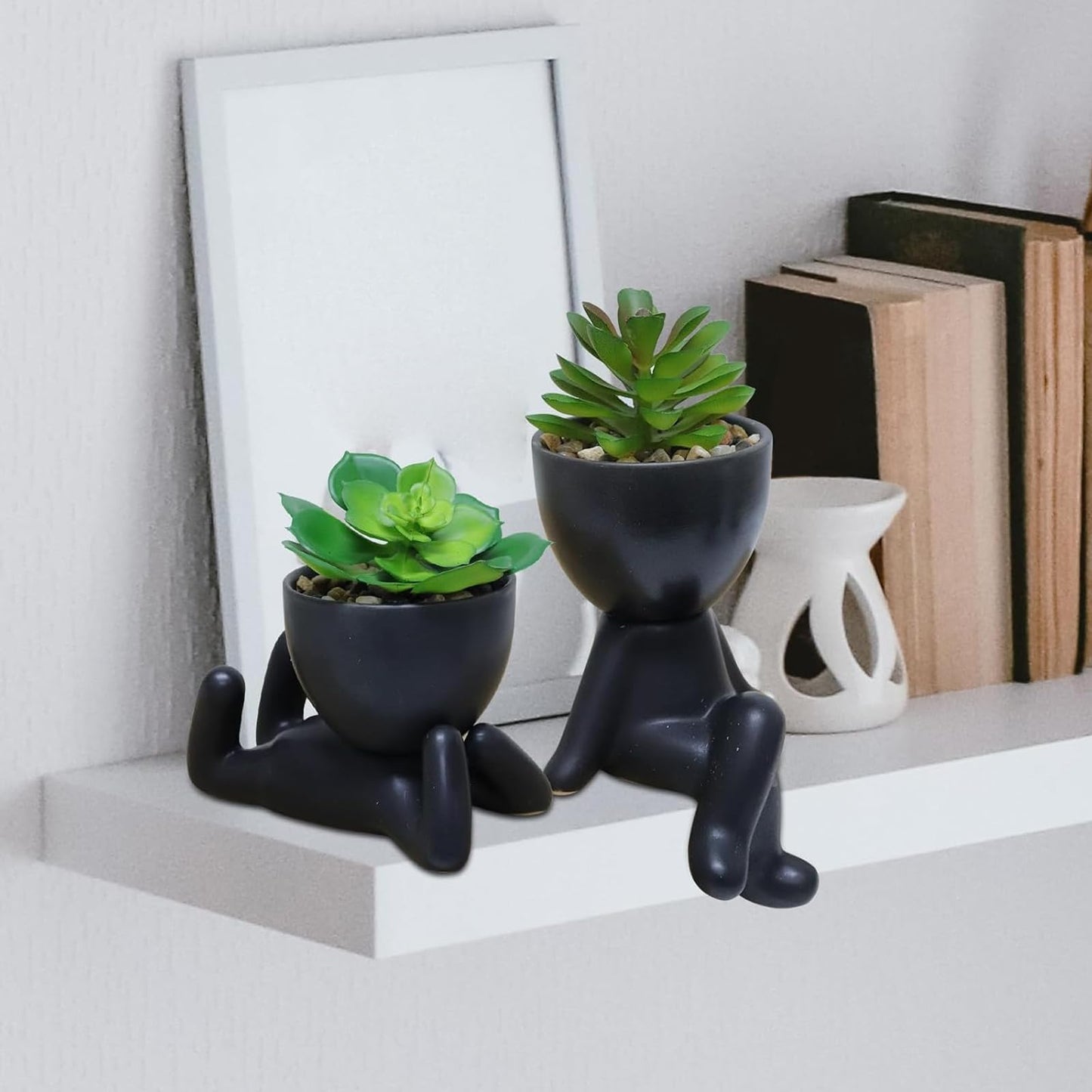 Zerzsy 3 PCS Cute Artificial Succulent Plants with Creative Ceramics Human Shaped Pots, Mini Potted Plants Black Bathroom Fakeplants, Faux Succulent Desk Decor for Home Office Shelf Decor
