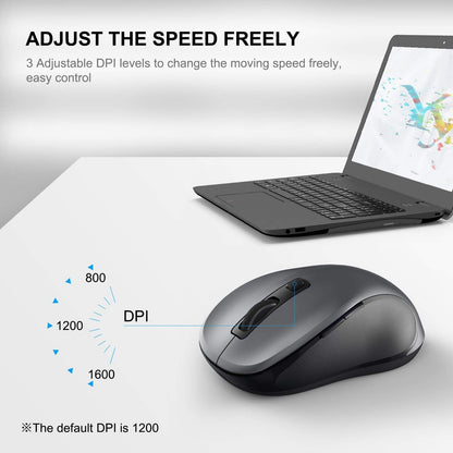 WisFox 2.4G Wireless Mouse for Laptop, Ergonomic Computer Mouse with USB Receiver and 3 Adjustable Levels, 6 Button Wireless Mice for Windows Mac PC Notebook (Grey)