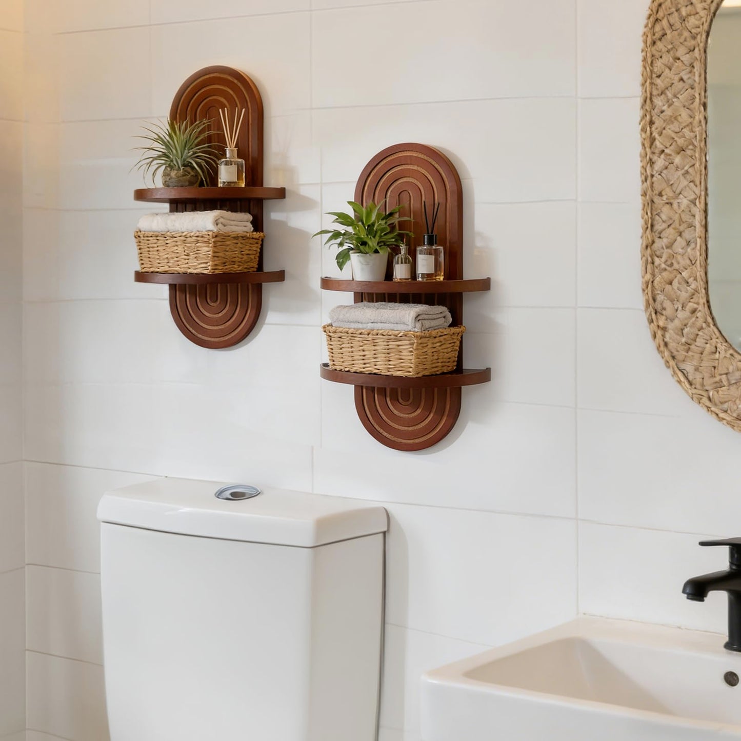 Walasis Mid Century Wall Shelves with Ledge: 22inch Large 2-Tier Walnut Boho Floating Shelves Arched Modern Wall Decor for Bathroom Bedroom Living Room Entryway