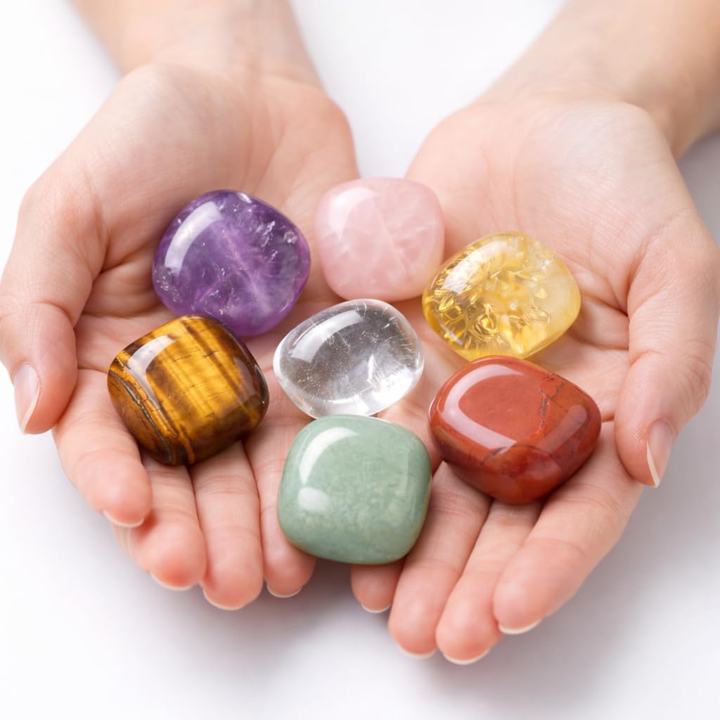 7 Chakra Crystal Stones Set – Healing Tumbled Gemstones for Meditation, Reiki & Chakra Balancing – Amethyst, Rose Quartz, Citrine, Clear Quartz, Tiger Eye, Green Aventurine & Red Jasper