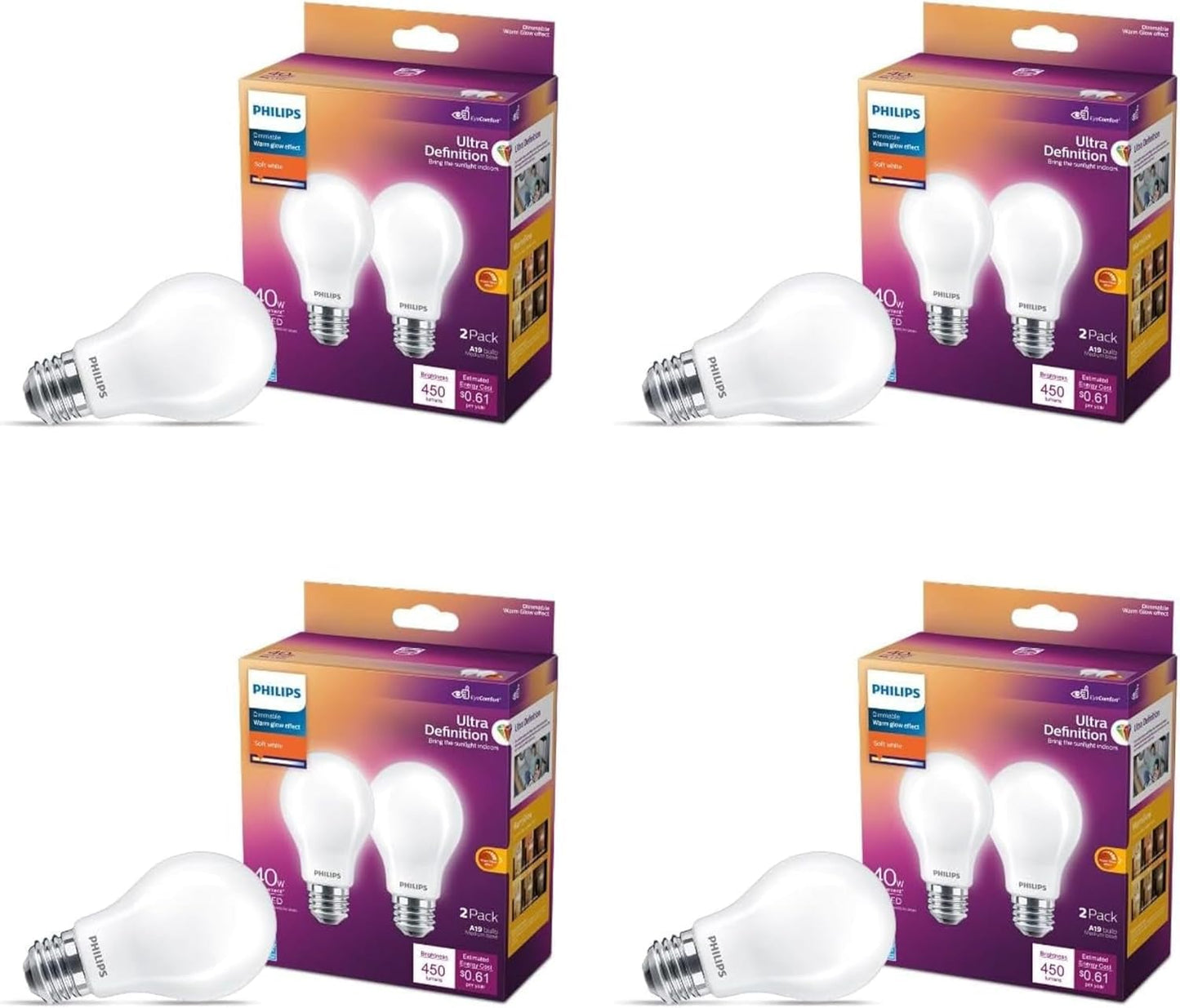 PHILIPS LED 75W A19 4-Pack Ultra Definition Daylight (5000K) 1100 Lumen (9W = 75W) Dimmable Frosted Flicker-Free Light Bulbs