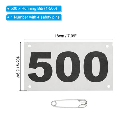 PATIKIL Tearproof Running Bib Numbers 7x4 Inch, 1-500 Waterproof Race Competitor Numbers with Safety Pin for Marathon Sports Game Competition Runner, White