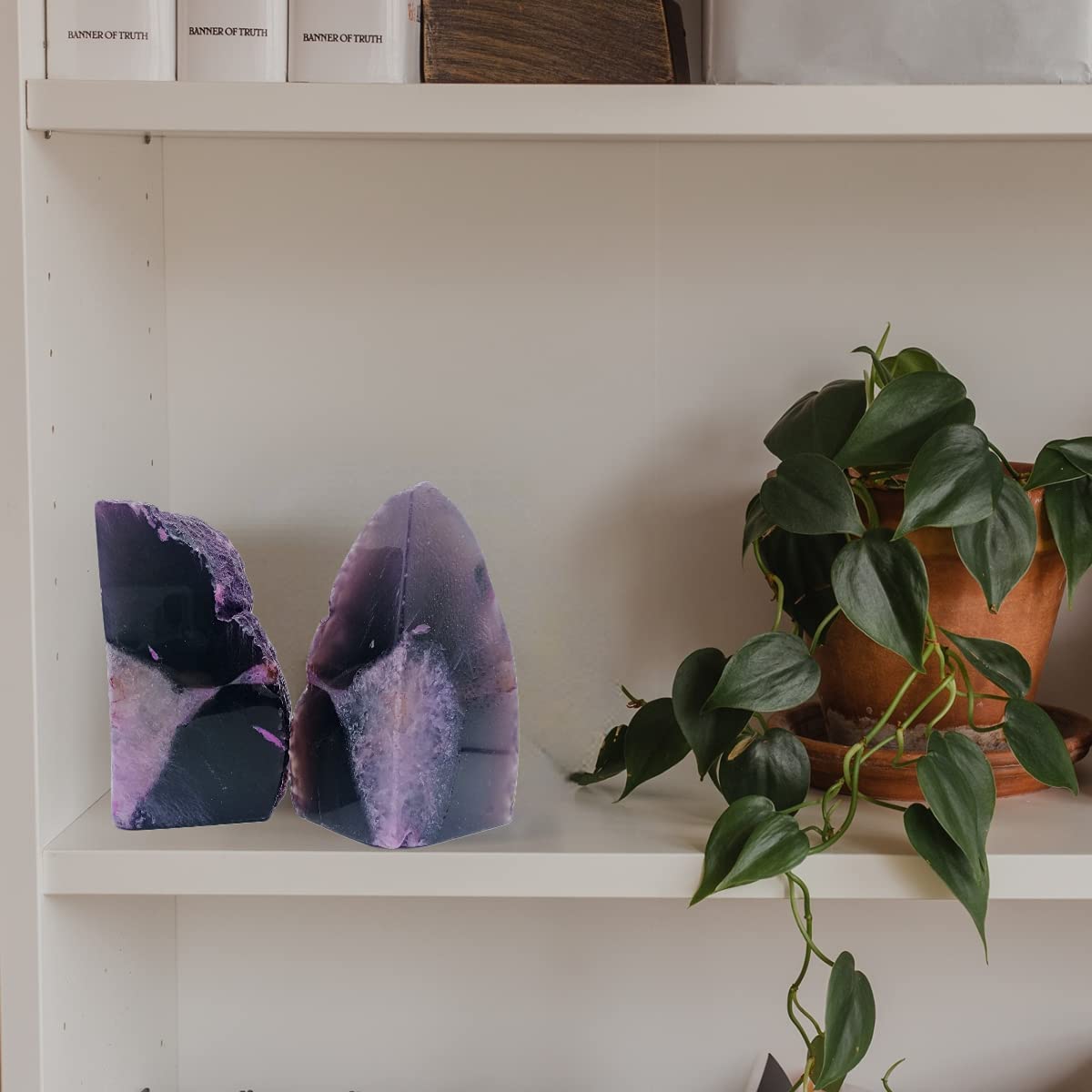 Geode Bookends 3-4 lbs Decorative Heavy Crystal Stone Book Ends for Shelves Dyed Purple 1 Pair