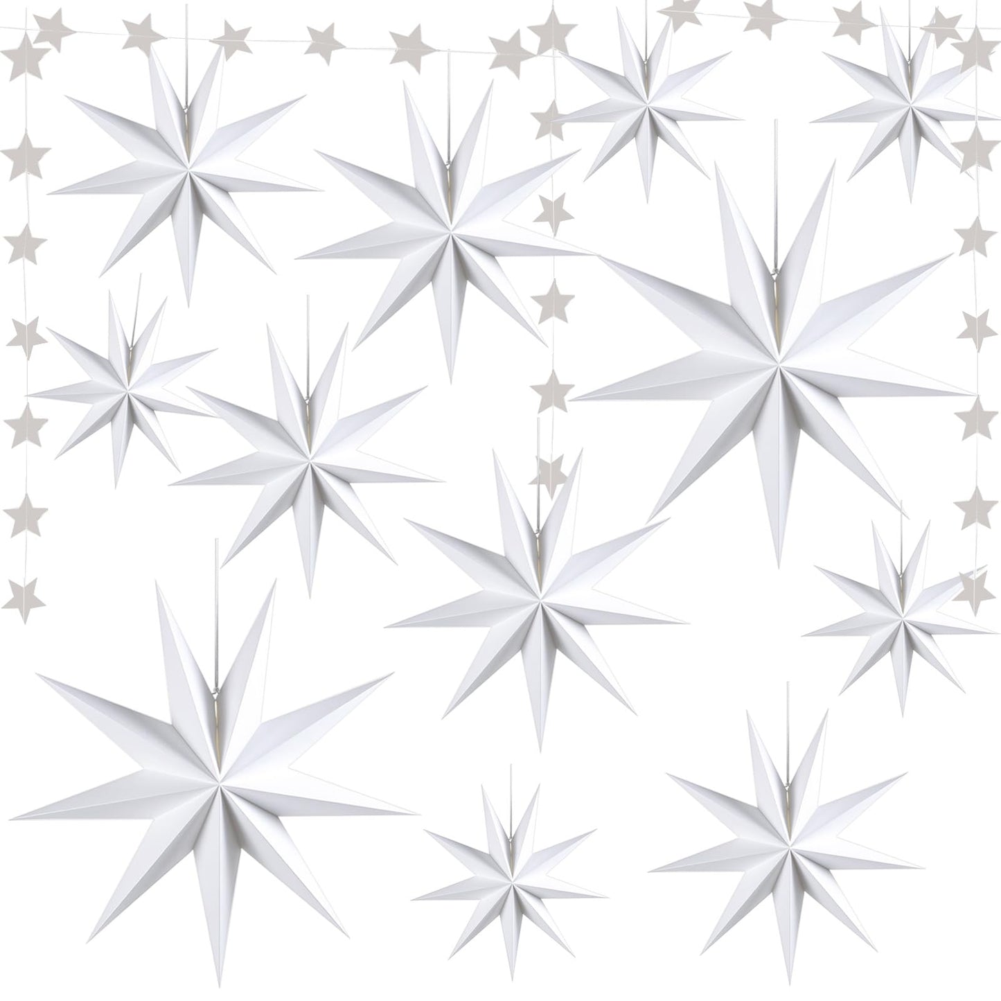 WNSIRVY 12 Pack 9-Pointed Large 3D Paper Star Lanterns with Star Garland Hanging Lanterns Lampshade for Themed Party, Home Wedding, Birthday Decorations (White)