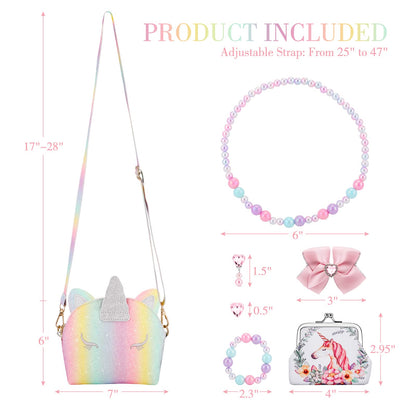 JYPS monedero unicornio para niñas, 7 monederos lindos para niños, bolsos cruzados con juego de joyas para niños, regalos de cumpleaños, juguetes de unicornio.