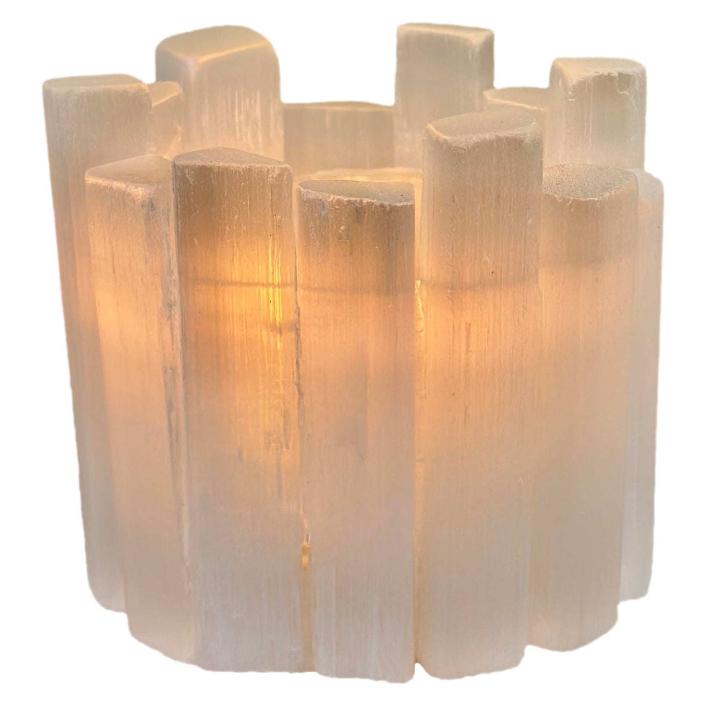 Selenite Candle Holder - Healing Crystal Tealight Holder for Meditation Tranquility & Energy Balance - Irregular Cylindrical Selenite Lamp Crystal for Healing Stone