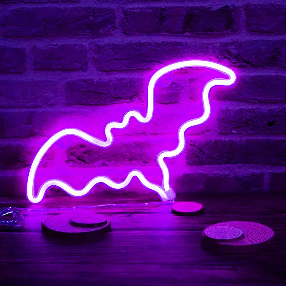 Vicila LED Neon Bat Signs Halloween Decor, Purple Bat Shape Neon Lights Gothic Battery Operated Desk Table Lamp for Bedroom, Bar, Wall, Coffin Decor-Bat(Purple)