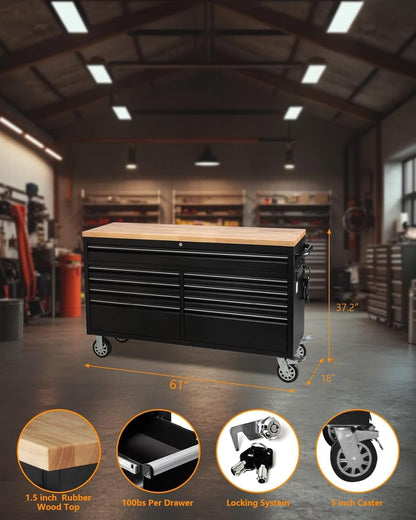 MERXENG 61 Inch Tool Chest, Tool Box Mobile Workbench, 9 Drawers Storage Lockable Rolling Metal Storage Cabinet with 4 Wheels for Garage Workshops Warehouse, Black