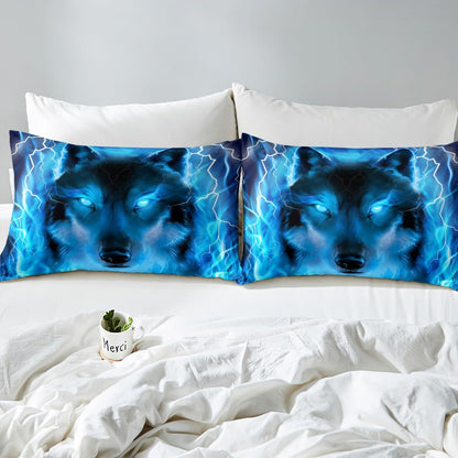Wolf Bedding Set Safari Animal Pattern Bed Sheet Set Cool Wildlife Style Fitted Sheet for Boys Girls Kids Room Decor Glitter Blue Wild Wolf Lightweight Bed Cover Twin Size with 1 Pillow Case