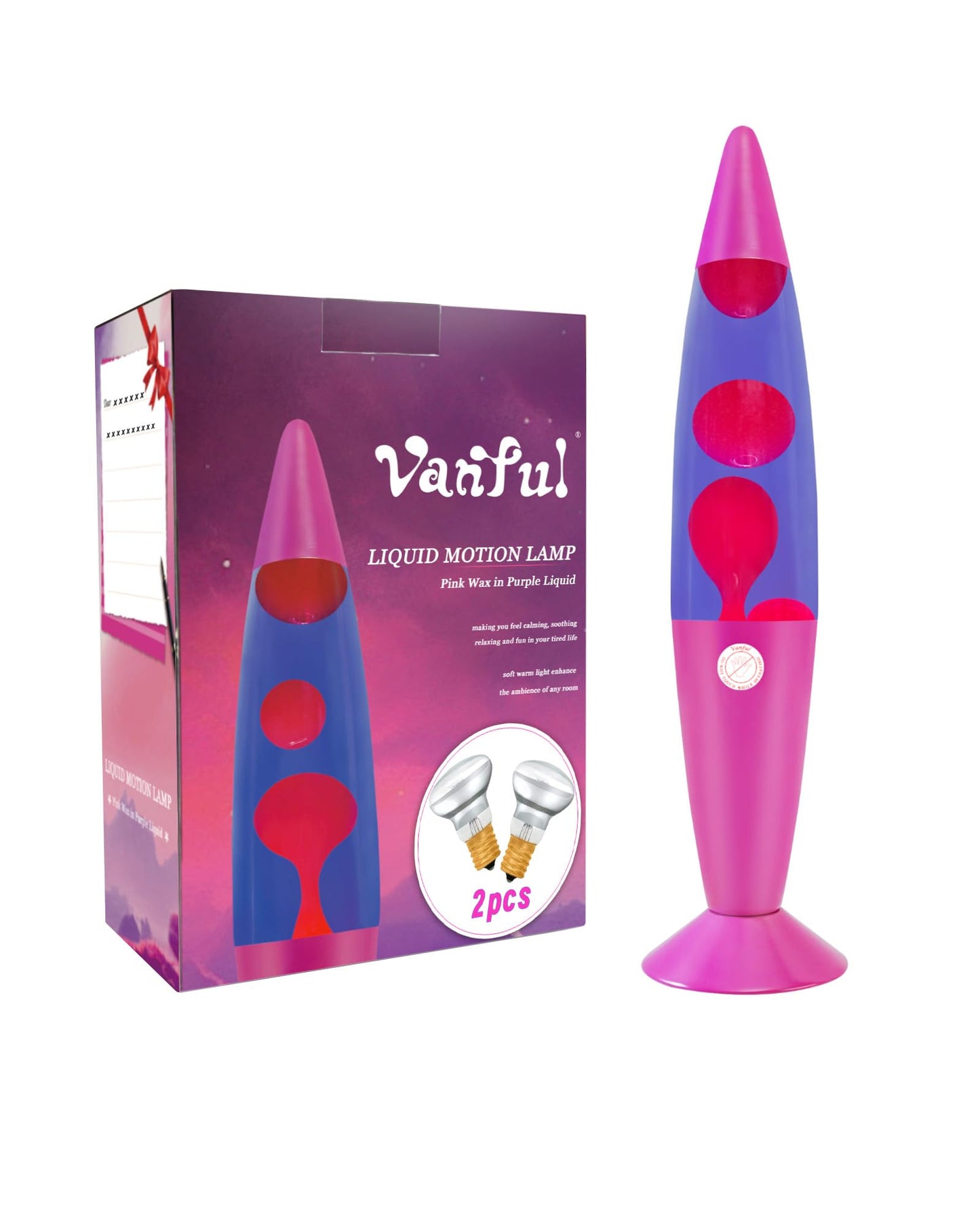 Vanful 16-Inch Liquid Motion Lamp- Pink Base, Purple Liquid, Pink Wax, Beautiful Magma Lamp with 2 packs bulbs for Adults Kids, Night Light for Boys Girls Present Home Bedroom Office Living Room Decor