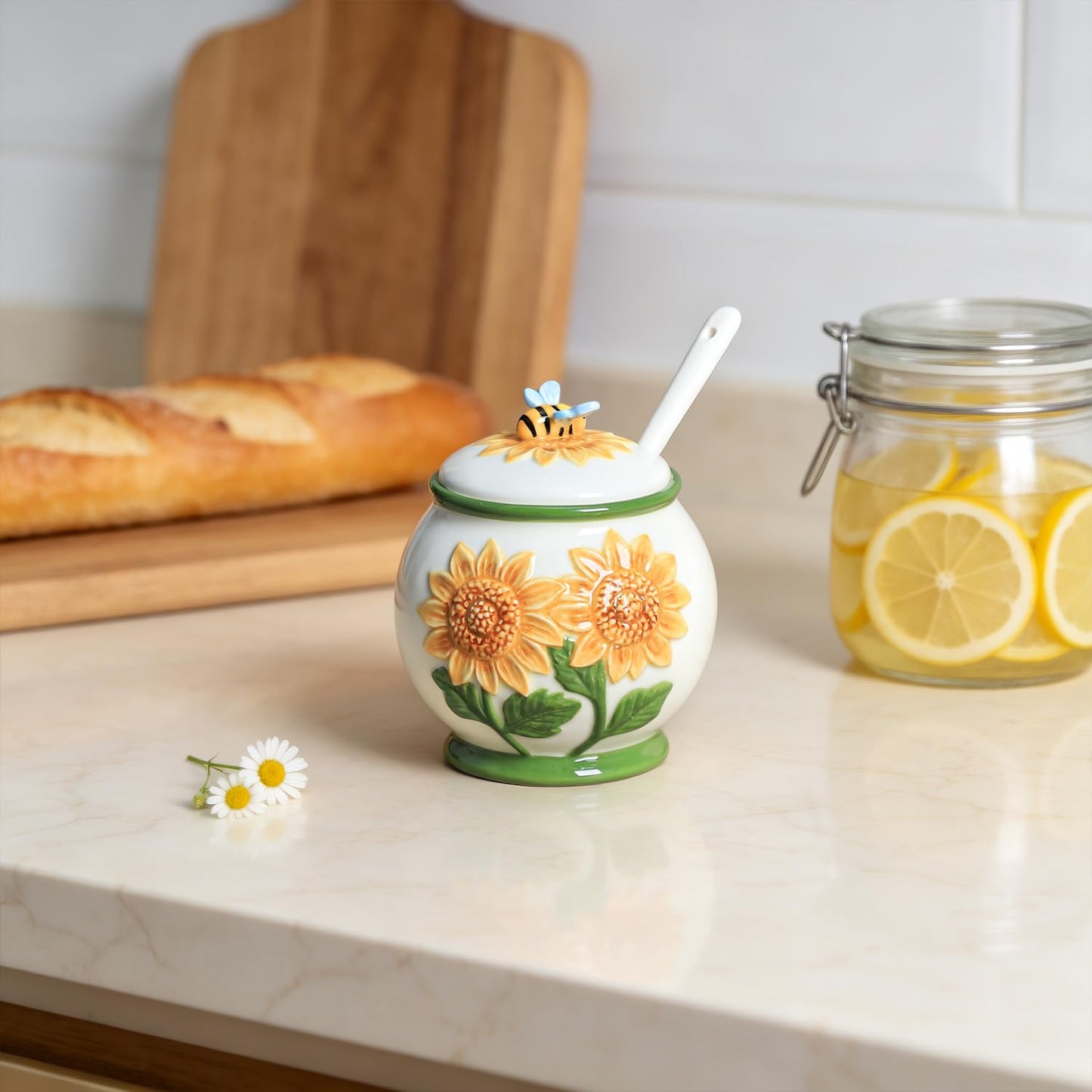 WAIT FLY Embossed Sunflower and Bee Ceramic Sugar Bowl with Lid and Spoon, Sugar Container, Sugar Jar for Kitchen Countertop, Coffee Bar-A