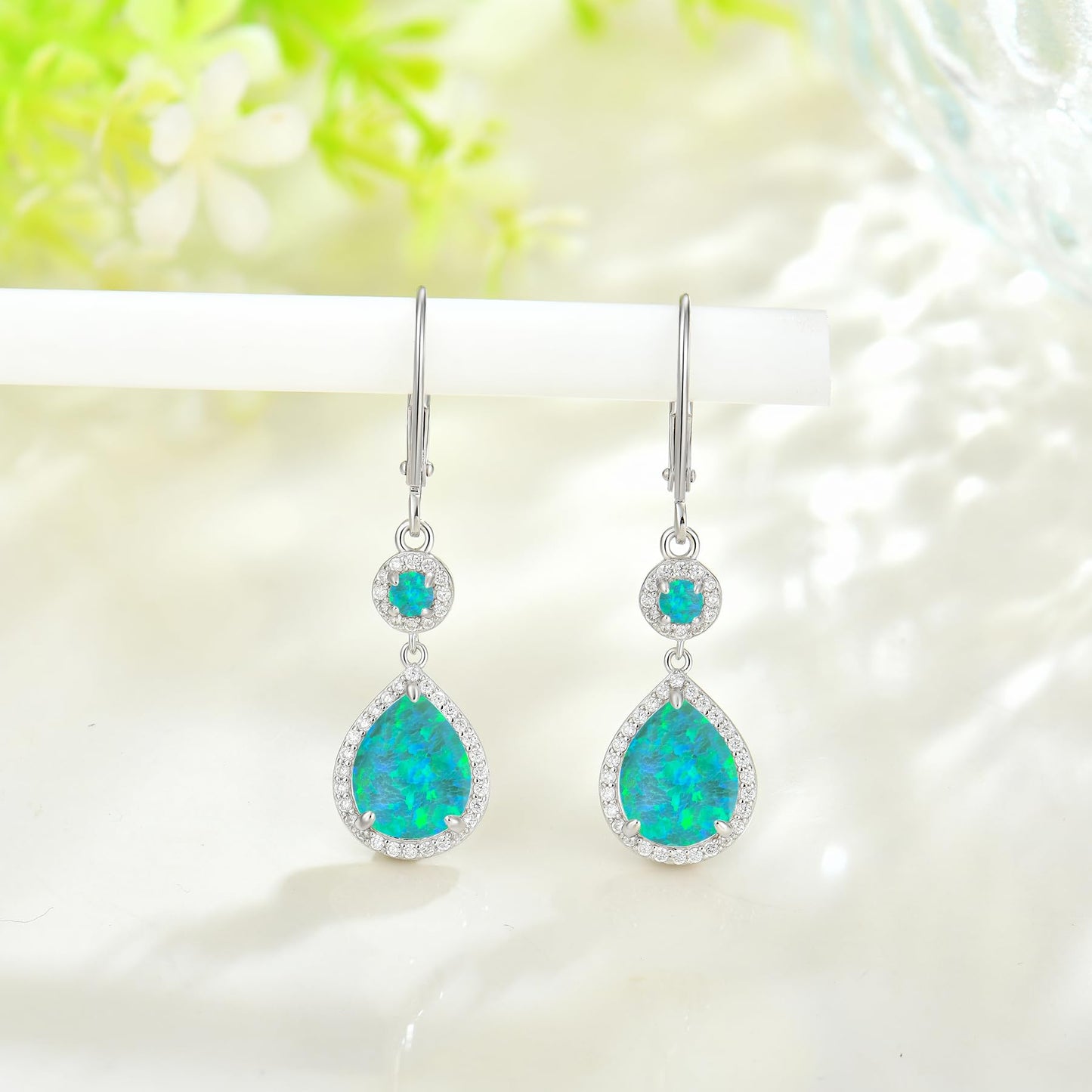 FYNSBLE Green Opal Earrings for Women Sterling Silver Dangle Drop Leverback Earrings Hypoallergenic Jewelry for Women