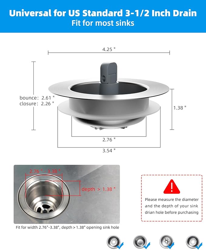 Hibbent Upgraded 3 in 1 Kitchen Sink Drain Strainer and Stopper Combo,