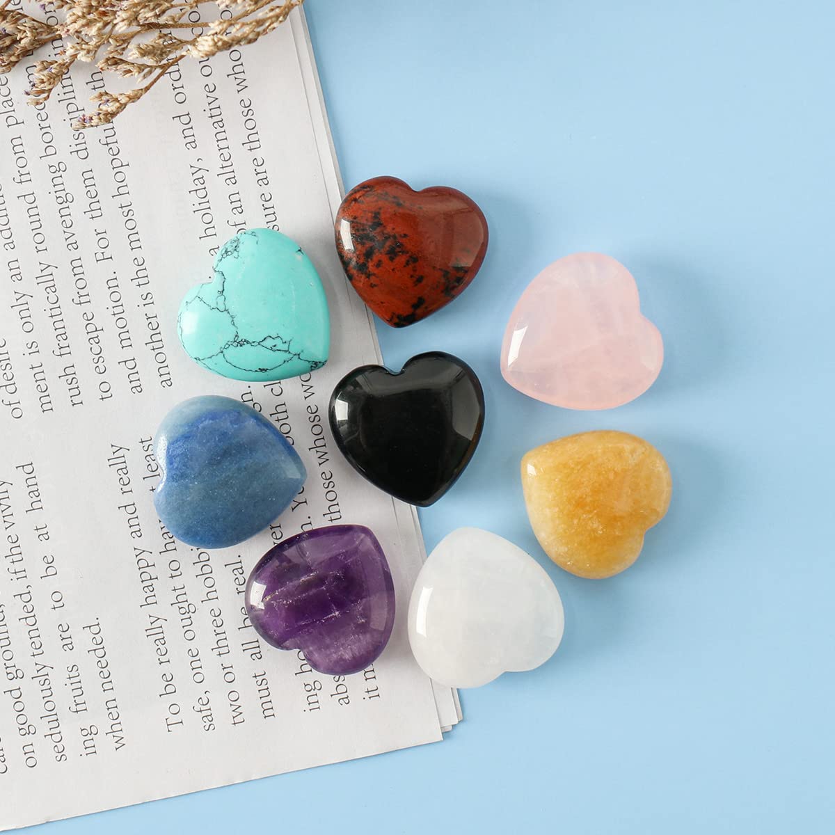CASMON 8 Pcs Natural Mix Heart Stones Set (1 Inches), Puff Hearts Healing Palm Crystal with Gift Box for Chakra Reiki Home Décor