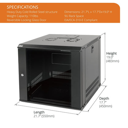 Tecmojo 9U Wall Mount Server Cabinet IT Network Rack Enclosure Lockable Door and Side Panels Black,Cooling Fan, Glass Door, 17.7inch Depth,for 19” IT Equipment, A/V Devices