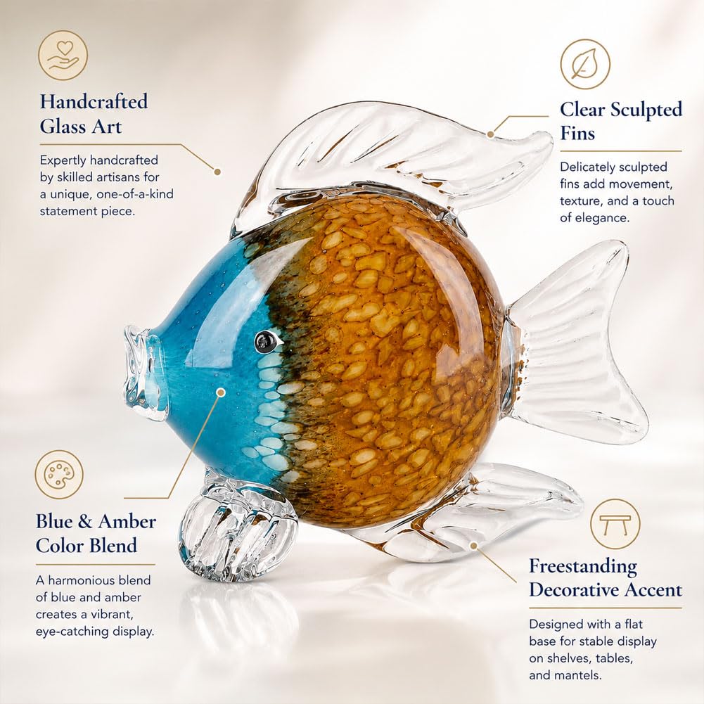 QIANLING Glass Fish Figurines - Coastal Home Decor, Modern Ocean Centerpieces for Living Room, Dining Area, Bathroom, Office, Coffee Table, Beach House, Nautical, Seaside, Entrance, Shelf Display