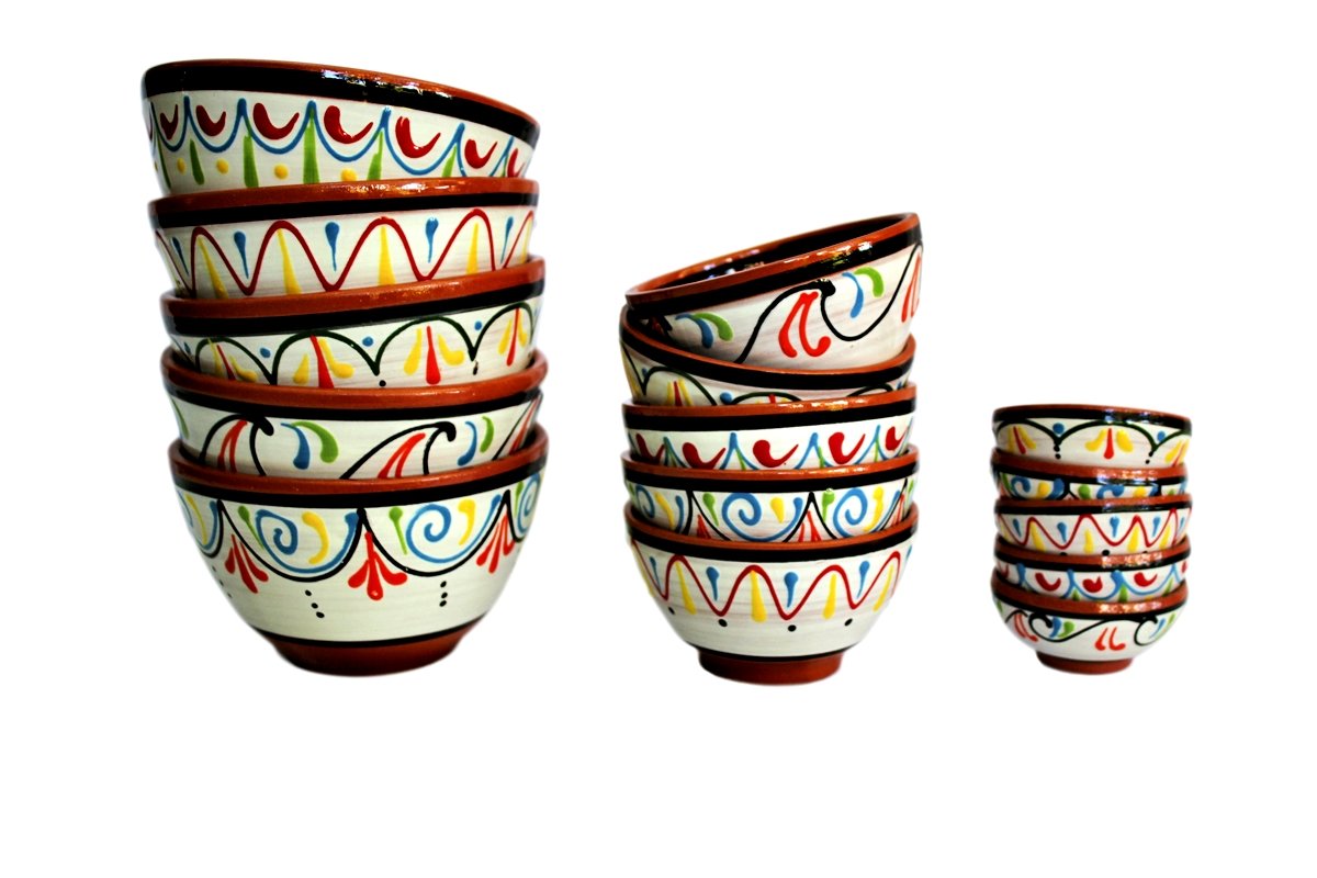 Cactus Canyon Ceramics VERY SMALL Spanish Terracotta 5-Piece VERY SMALL Mini-Bowl (Pinch Bowls) Set, White