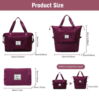 Large Capacity Folding Travel Bag - Lightweight Waterproof Carry On Luggage with Fixed Strap, Dry & Wet Separation - Foldable Travel Duffel for Sports & Gym (Wine Red)
