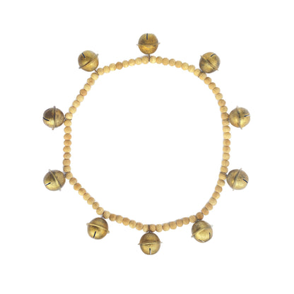 Creative Co-Op Wood Bead and Metal Bell Garland, Natural and Antique Gold Finish