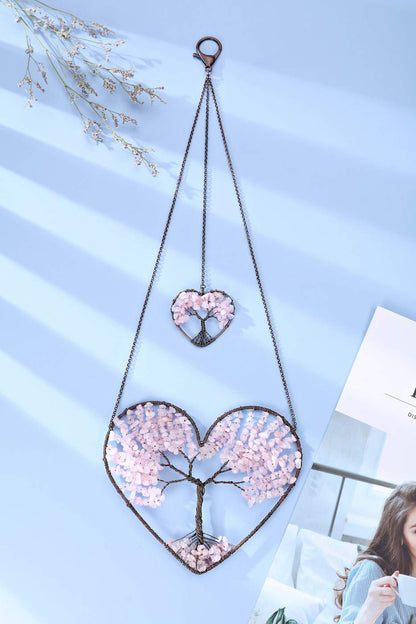 PESOENTH Rose Quartz Crystal Tree of Life Heart Wall Hanging Decor Gifts for Women,Bohemian Pink Healing Crystals Reiki Stones Ornaments Spiritual Gifts Christmas Tree Home Hanging Decorations