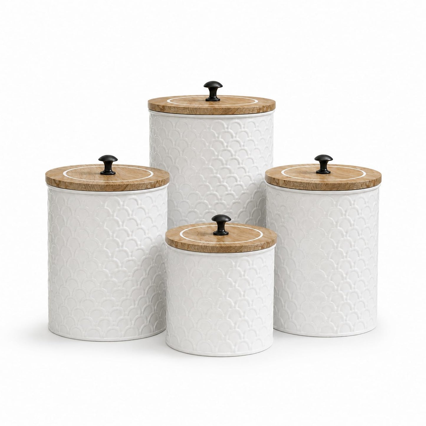 MODE HOME White Metal Kitchen Canister Set of 4 with Wooden Lids, Embossed Fish Scale Storage Containers for Coffee, Tea, Candy & Pet Treats, Farmhouse Decorative Food Jars