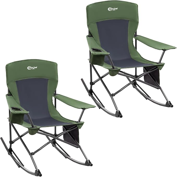 Portal Outdoor Rocking Chair Camping Folding Portable Rocker with Cup Holder Side Pocket Carry Bag, Support 350LBS (Green), 2 Pack