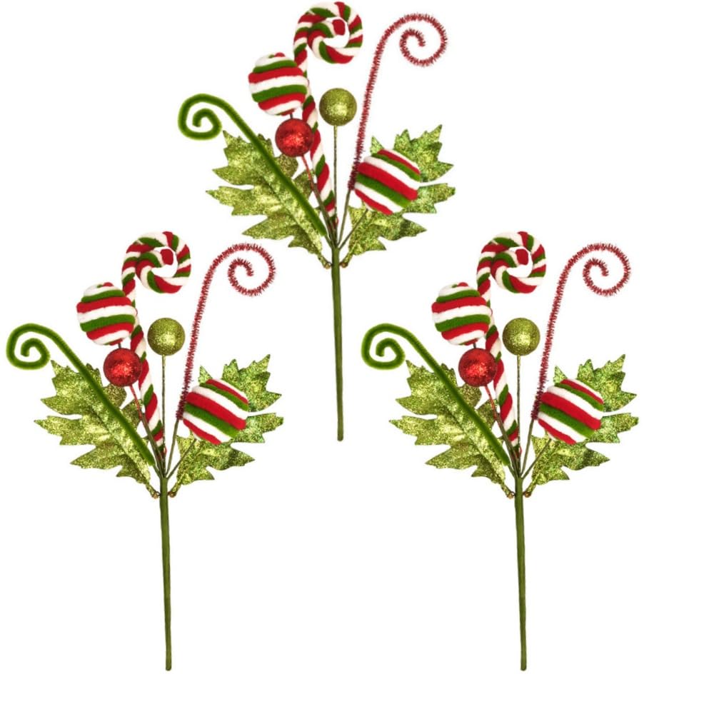RSACCSKY 3 Pack Artificial Christmas Floral Picks Lime Green Red Berry Stems Xmas Tree Branches with Glitter Ball for Party Flower Arrangement Centerpieces (Green)