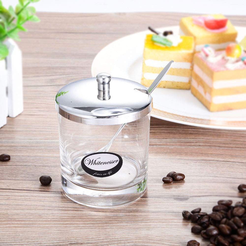 Whitenesser Glass Sugar Bowl with Lid Spices Bottles Jar with Stainless steel Spoon Serving for Spices Paprika, Salt,Cumin, 8 Ounces(225 Milliliter)