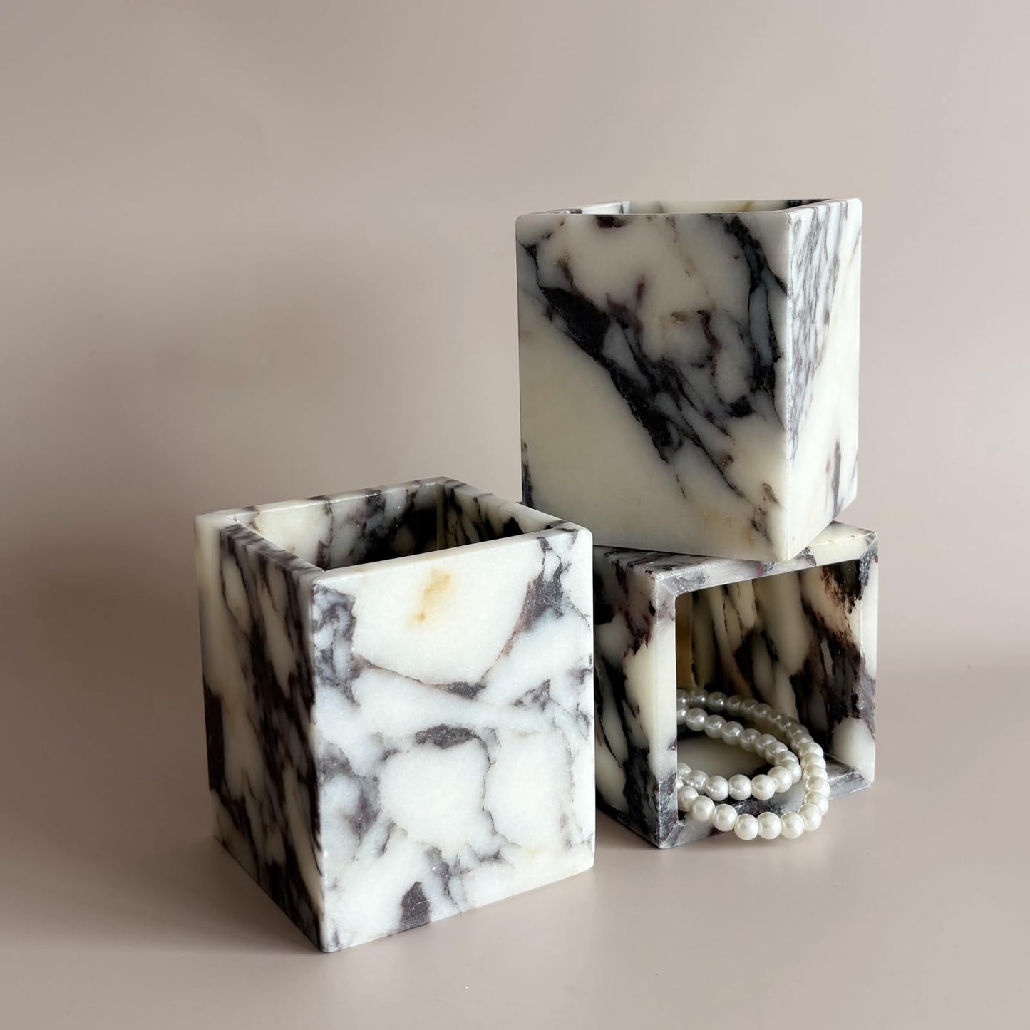 StonePlus Natural Marble Stone Square Storage Container Empty Vessel Holder Cup for Candle/Pens/Sundries items (Calacatta Purple)
