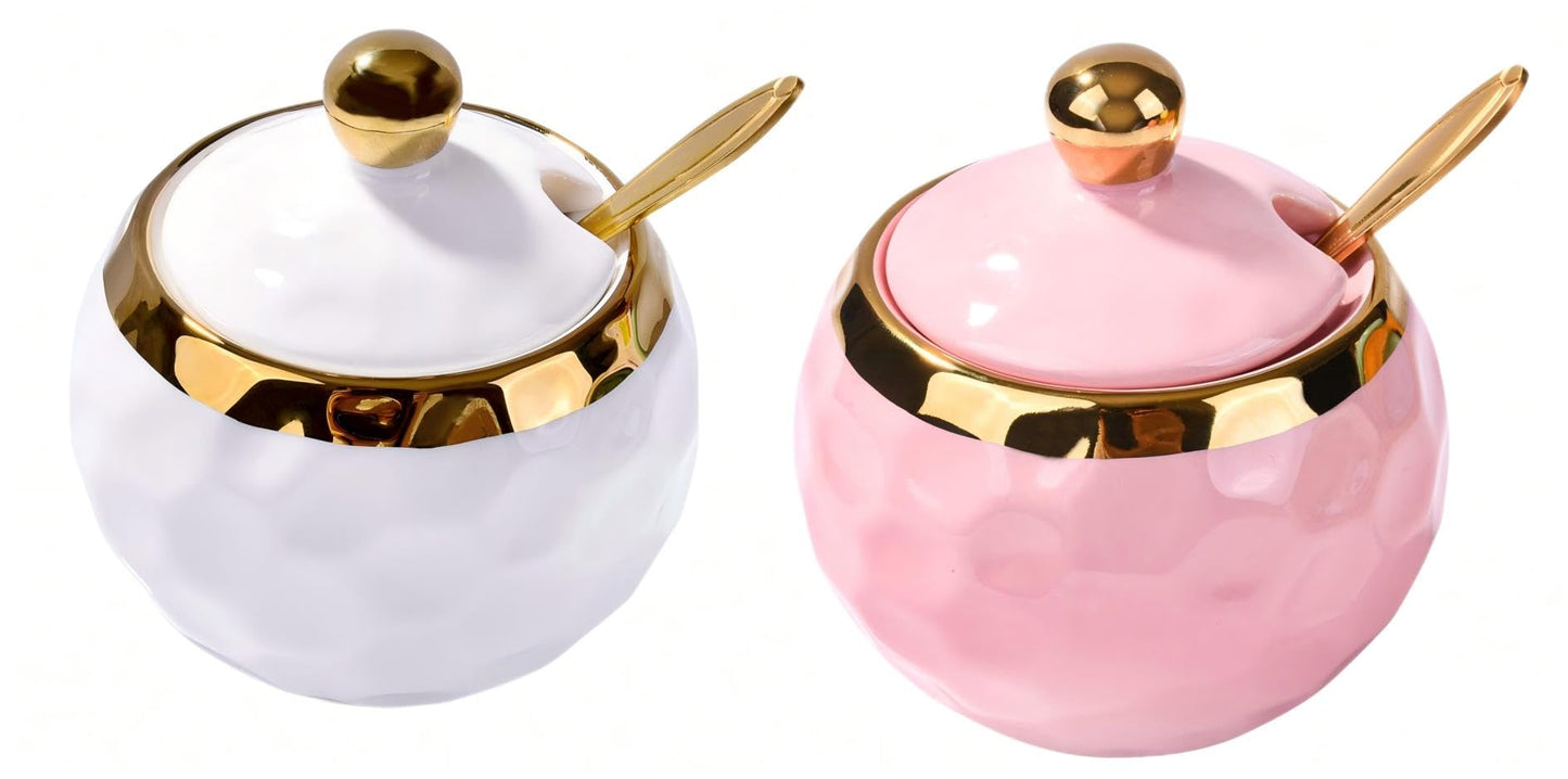 BOSILI 2-Piece Ceramic Sugar Bowl Set with Spoon and Lid, Hammered Condiment Jars for Countertop, Decorative Porcelain Salt and Spice Container Bundle For Sugar, Salt, Spices