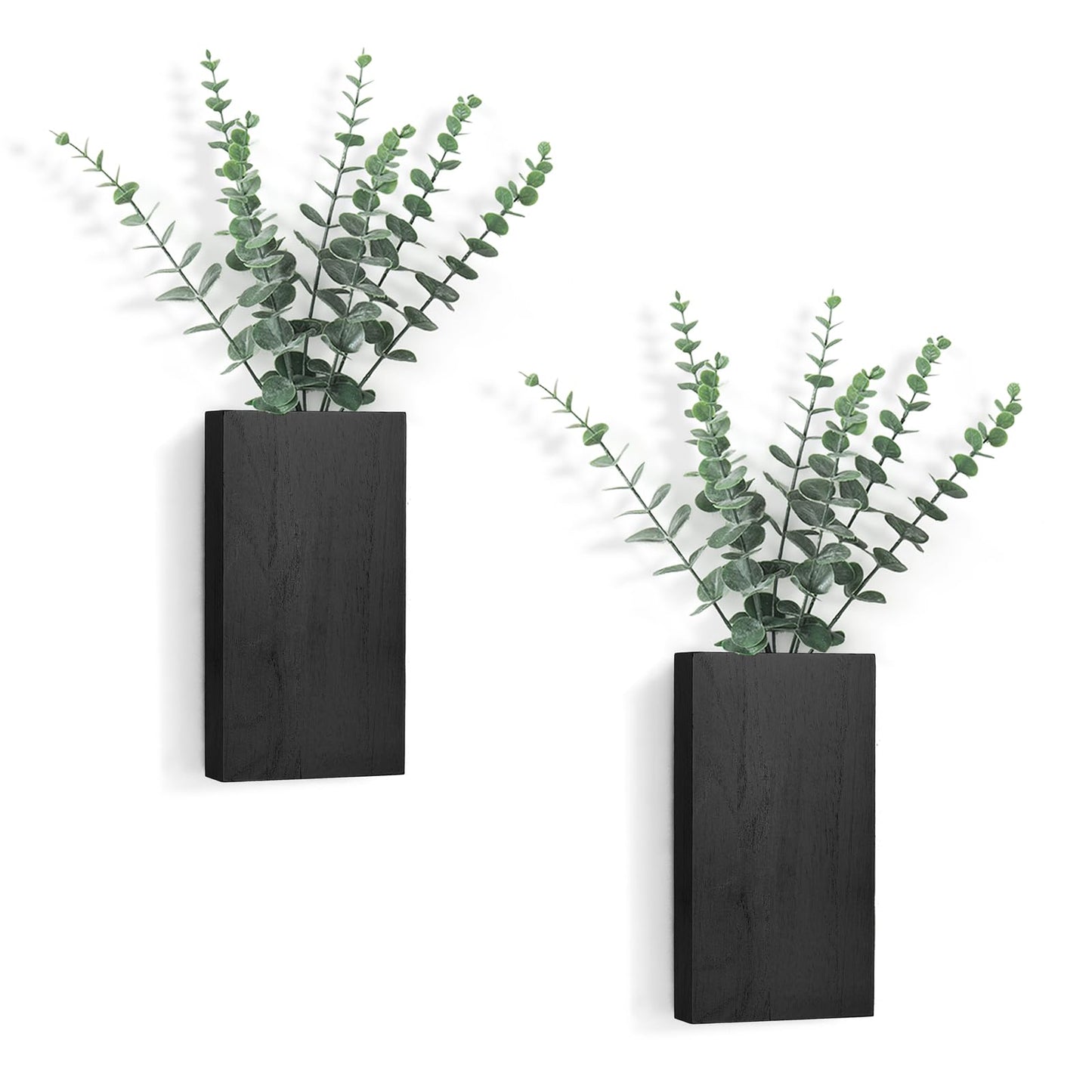 Dahey 2 Pack Wood Wall Planter Vase with Artificial Eucalyptus Farmhouse Wall Hanging Decor Pocket Planter for Indoor Fake Plants Greenery, Living Room Bedroom Kitchen Home Office Decoration, Black