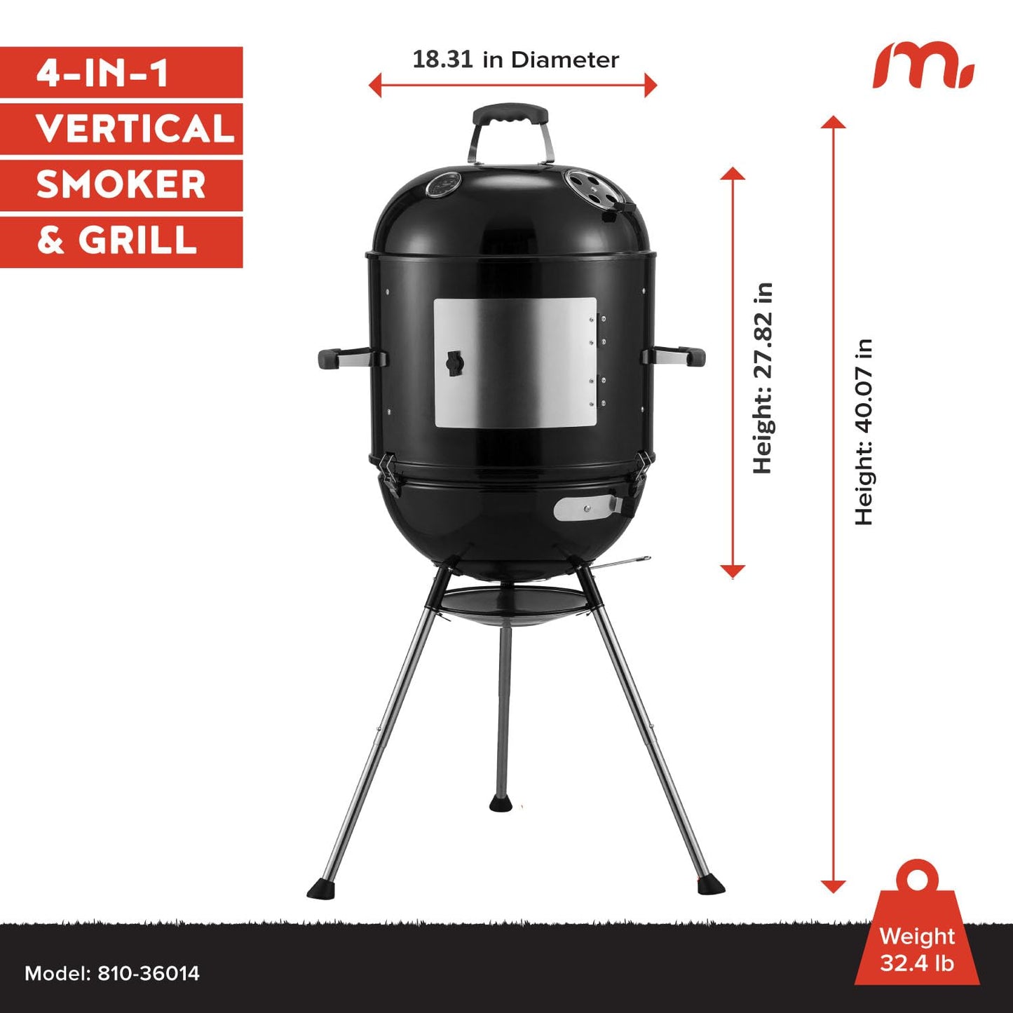 Megamaster Vertical 18 Inch Charcoal BBQ Smoker, 4-in-1 Portable Outdoor Grill with Adjustable Air Vent, 600 SQ. In Cooking Area, Built-in Temperature Gauge, BBQ Grill for Camping, Picnics - 810-36014
